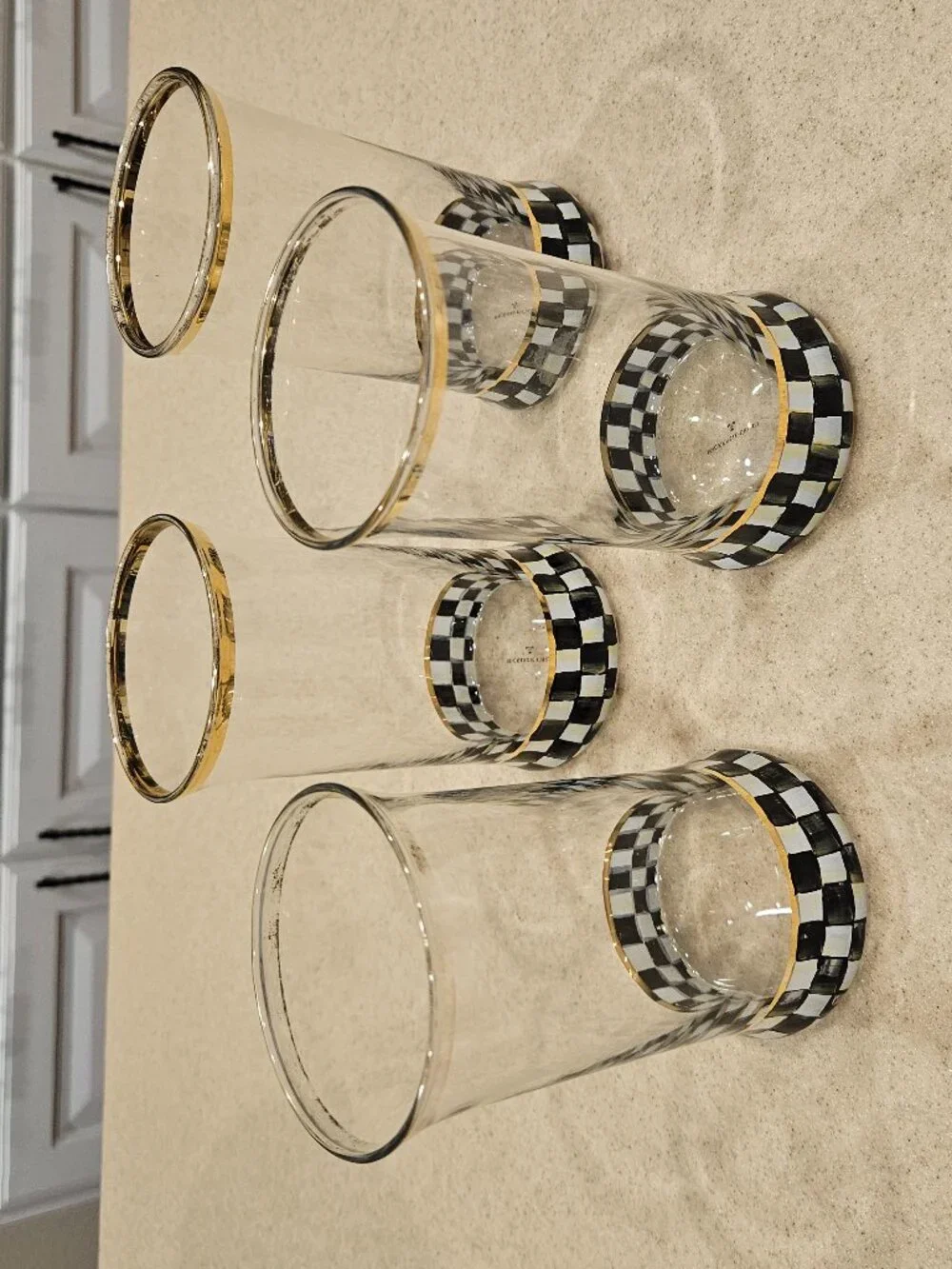 4 MACKENZIE CHILDS SUMMER BLACK COURTLY CHECK HIGHBALL DRINKING GLASS TUMBLER